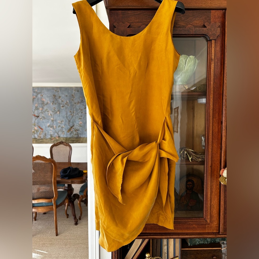 Vintage Forenza Golden Brown Mustard Mini Wrap Dress 100% silk sz 8